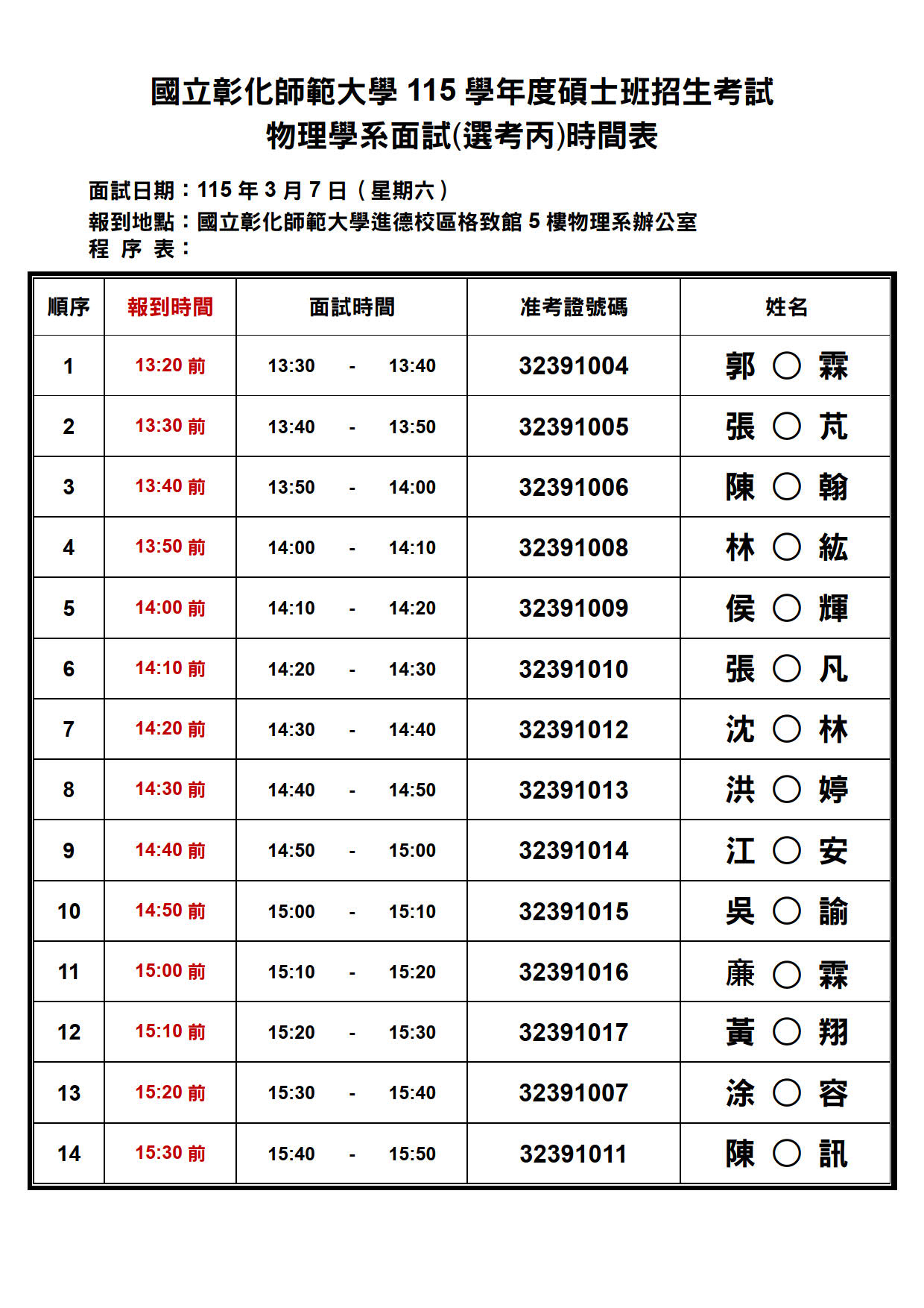 附件一、面試時間表_物理系(公告版)